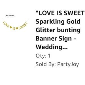 “Love is Sweet” gold sparkly banner with hearts
